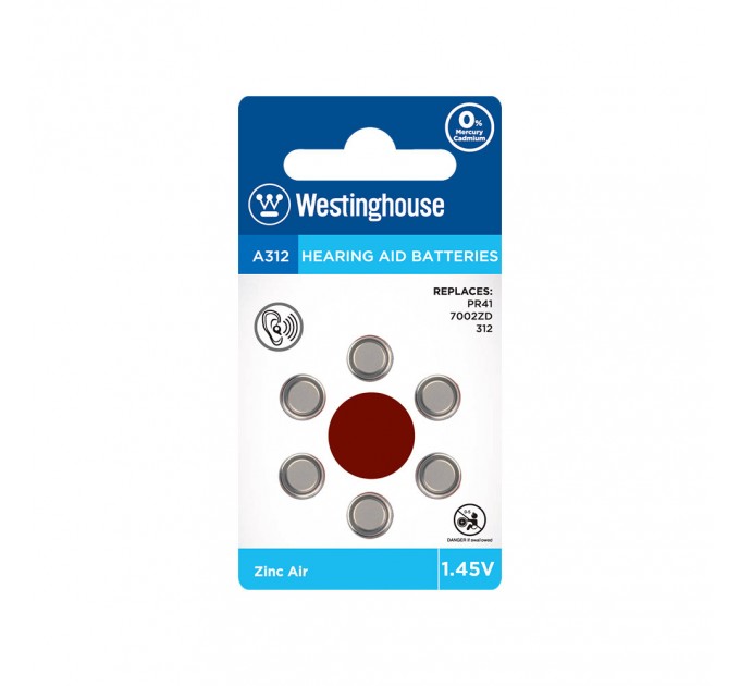 Воздушно-цинковая батарейка Westinghouse для слуховых аппаратов A312/PR41 1.45V 6шт/уп blister