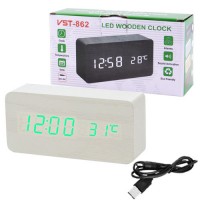 Часы сетевые VST-862-4 зеленые, (корпус белый) температура, USB