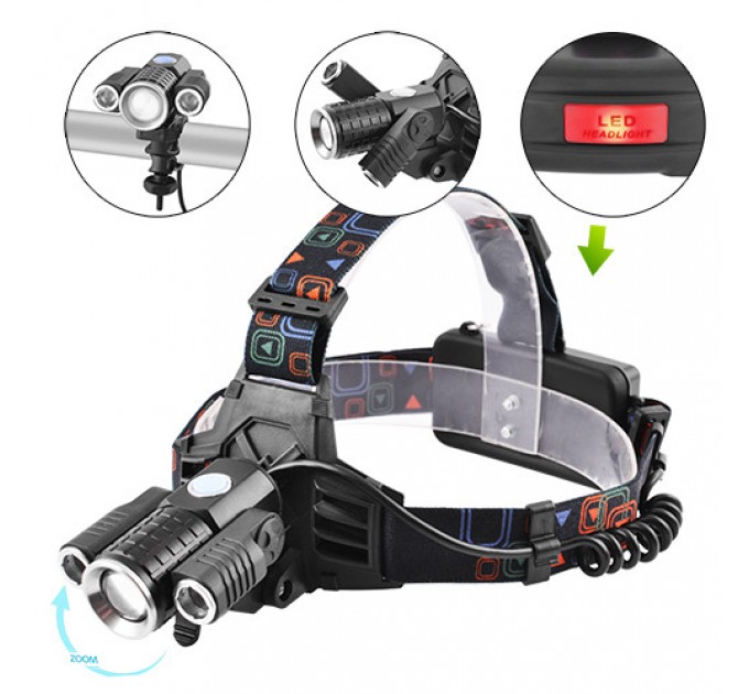 Фонарь налобный Police W602-T6+2XPE Bike, 2x18650, велокрепление, zoom, ЗУ microUSB, Box