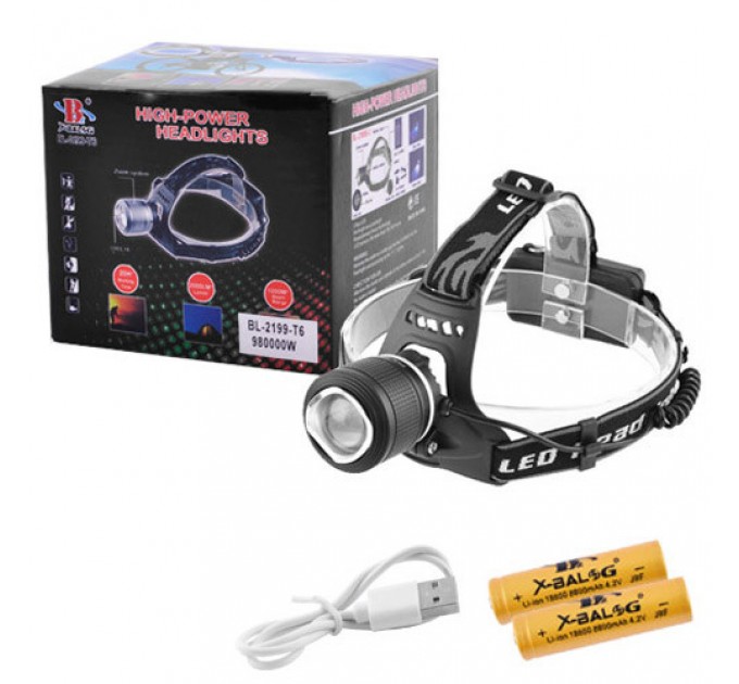 Фонарь налобный 2199-T6, 2х18650, signal light, шипы, zoom, ЗУ mircoUSB, Box