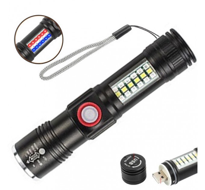 Фонарь SY-1903C-P50+SMD+RGB, Alarm, Li-Ion аккум., ремешок, zoom, ЗУ USB
