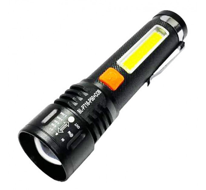 Фонарь BL-P716-P50+COB (white+red), Li-Ion аккум., zoom, ЗУ Type-C, Box