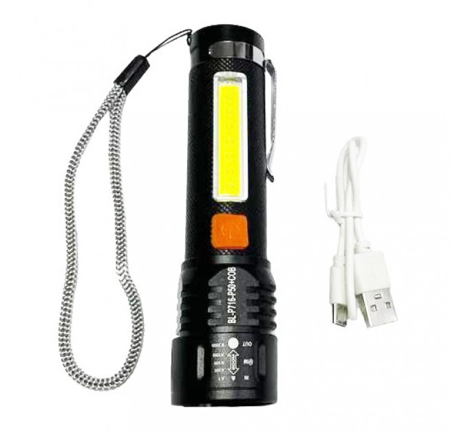 Фонарь BL-P716-P50+COB (white+red), Li-Ion аккум., zoom, ЗУ Type-C, Box