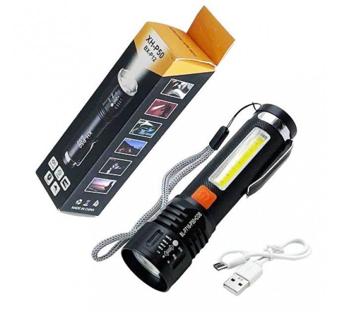 Фонарь BL-P716-P50+COB (white+red), Li-Ion аккум., zoom, ЗУ Type-C, Box