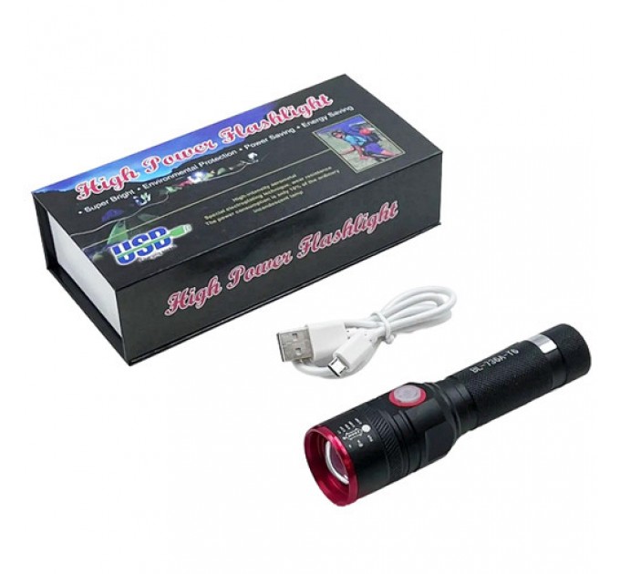 Фонарь BL-736A/749-T6, 1х18650, зажим, zoom, ЗУ microUSB, Box