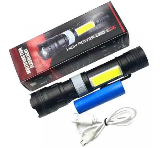Фонарь PL-826-P70+COB(white+red), 1х18650, магнит, зажим, ЗУ microUSB, zoom, Box