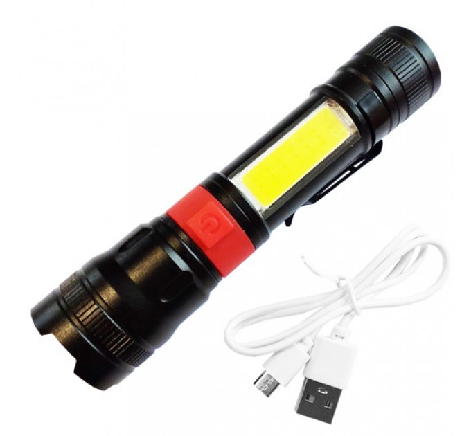 Фонарь PL-826-P70+COB(white+red), 1х18650, магнит, зажим, ЗУ microUSB, zoom, Box