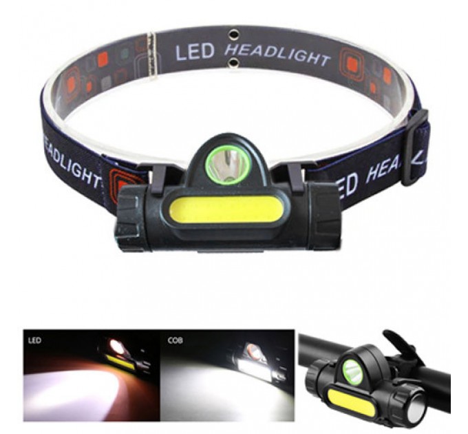 Велофонарь + на лоб 872-XPE+COB, ЗУ micro USB, встроенный аккумулятор, диммер, магнит