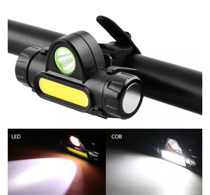 Велофонарь + на лоб 872-XPE+COB, ЗУ micro USB, встроенный аккумулятор, диммер, магнит