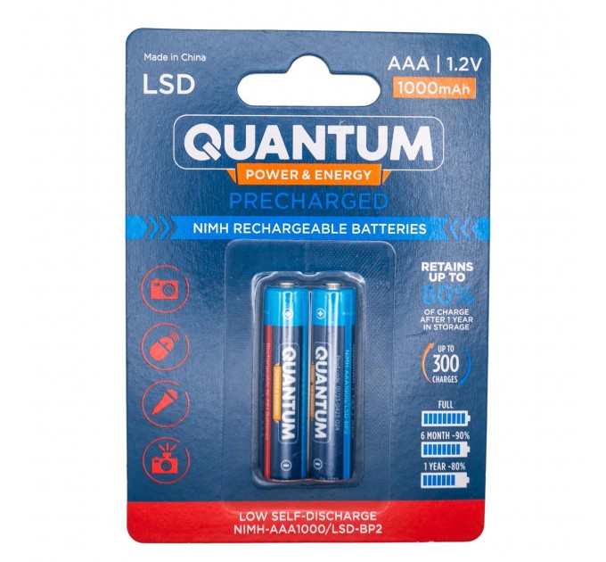 Аккумулятор Ni-MH с низким саморазрядом (LSD) Quantum 1000mAh AAA, 2шт/уп blister (012028)