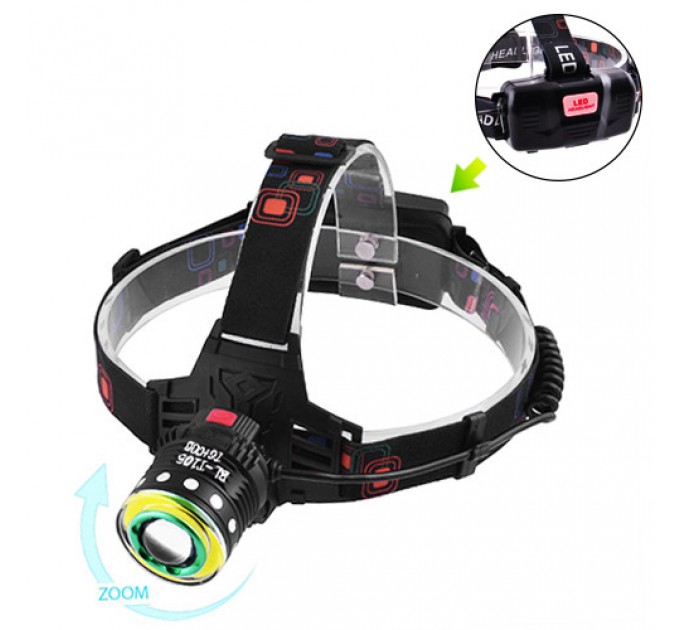 Фонарь налобный Police T105-T6+COB, 2x18650, zoom, ЗУ microUSB, Box