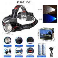 Фонарь налобный PLD-T115-2PM10-TG(white+blue), 2x18650, ЗУ Type-C, zoom, Box