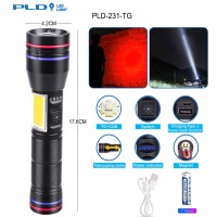 Фонарь PLD-231 WHITE LASER LED PM10-TG+COB(white+red), 1х18650, power bank, индикация заряда, ЗУ Type-C,