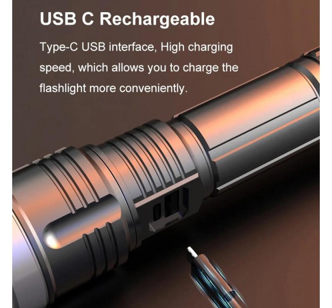 Фонарь PLD-008 WHITE LASER LED PM10-TG, Li-Ion аккум., power bank, индикация заряда, ЗУ Type-C, zoom, Box