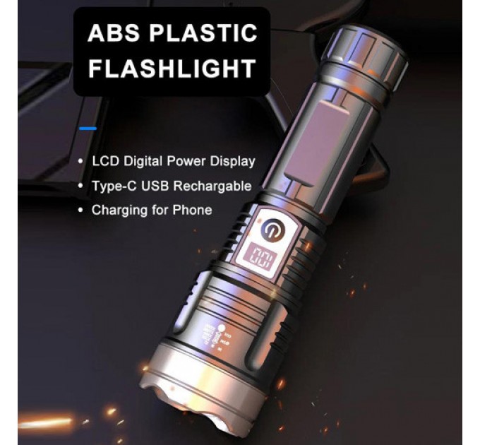 Фонарь PLD-008 WHITE LASER LED PM10-TG, Li-Ion аккум., power bank, индикация заряда, ЗУ Type-C, zoom, Box