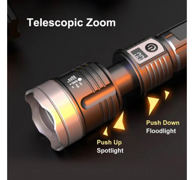 Фонарь PLD-008 WHITE LASER LED PM10-TG, Li-Ion аккум., power bank, индикация заряда, ЗУ Type-C, zoom, Box