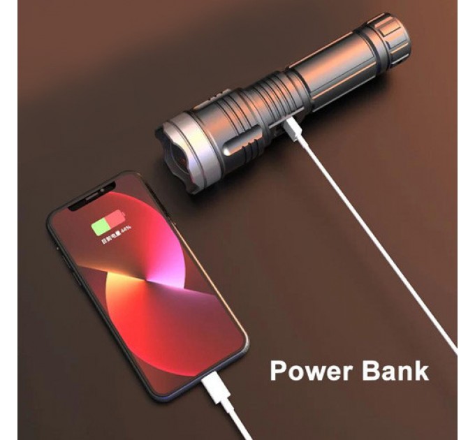 Фонарь PLD-008 WHITE LASER LED PM10-TG, Li-Ion аккум., power bank, индикация заряда, ЗУ Type-C, zoom, Box