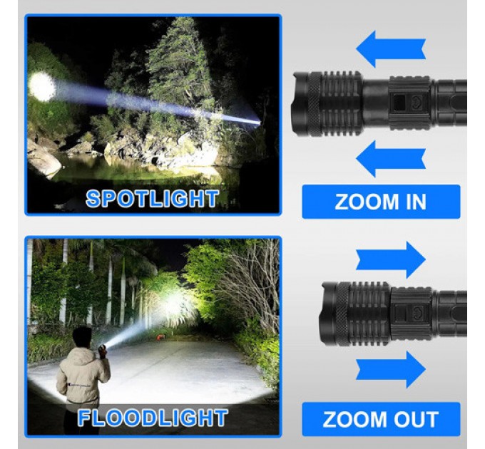 Фонарь PLD-H007  WHITE LASER LED PM10-TG, Li-Ion аккум., power bank, индикация заряда, ЗУ Type-C, zoom, Box