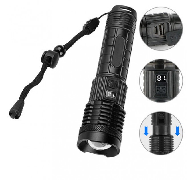 Фонарь PLD-H007  WHITE LASER LED PM10-TG, Li-Ion аккум., power bank, индикация заряда, ЗУ Type-C, zoom, Box