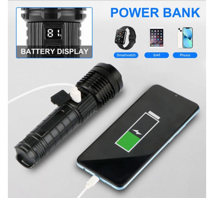 Фонарь PLD-H007  WHITE LASER LED PM10-TG, Li-Ion аккум., power bank, индикация заряда, ЗУ Type-C, zoom, Box
