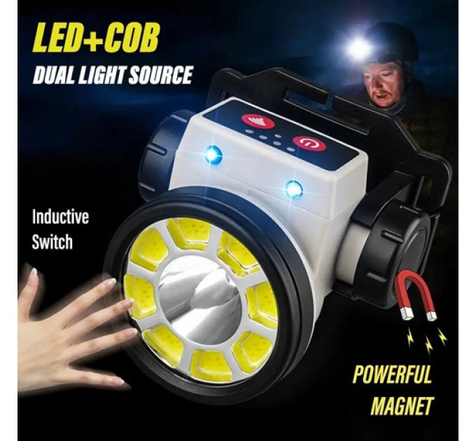 Фонарь налобный PLD-LY004-XPE+COB, Motion Sensor, Li-Ion аккум, индикация заряда, магнит, ЗУ Type-C, Box