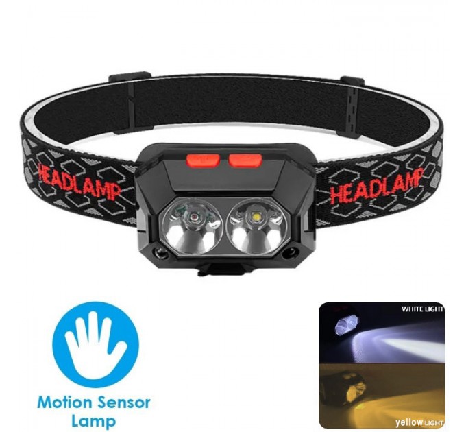 Фонарь налобный PLD-SL02/CY-2023-XPG(white+yellow), Motion Sensor, Li-Ion аккумулятор, ЗУ Type-C, Box