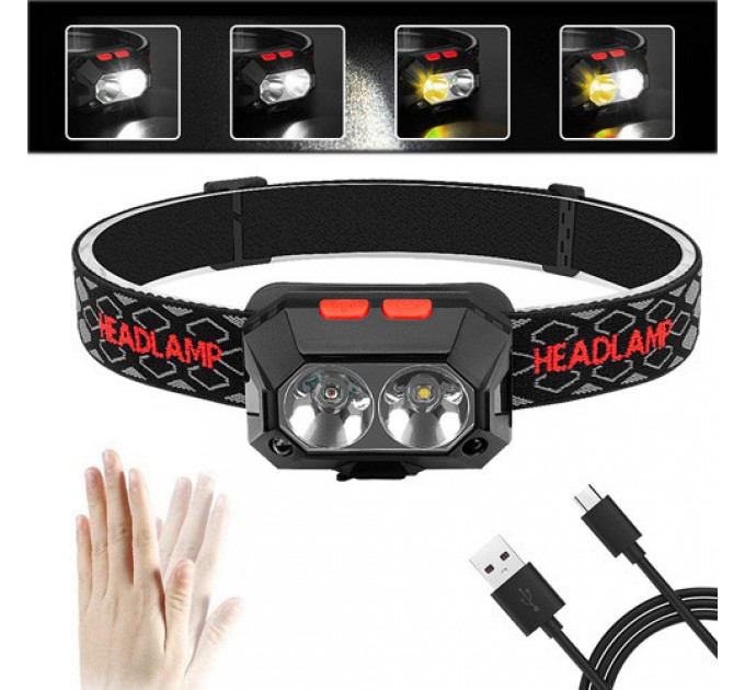 Фонарь налобный PLD-SL02/CY-2023-XPG(white+yellow), Motion Sensor, Li-Ion аккумулятор, ЗУ Type-C, Box