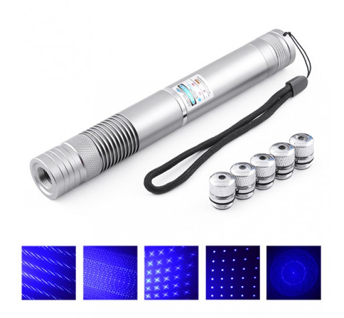 Фонарь-лазер синий YX-B008, 2х16340, 5 насадок, ЗУ 220V, Box