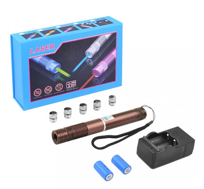 Фонарь-лазер синий YX-B008, 2х16340, 5 насадок, ЗУ 220V, Box
