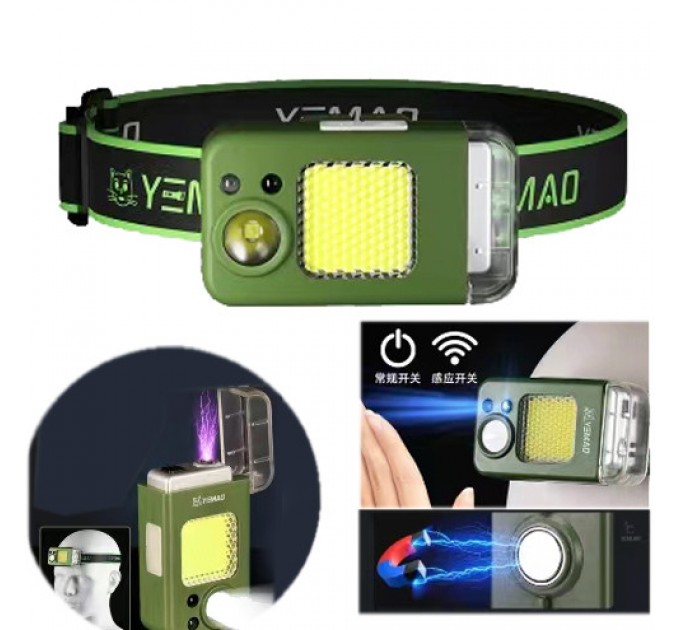 Фонарь налобный MULTIFUNCTIONAL YEMAO YM-T618-LED+COB, Motion Sensor, Li-Ion аккум., зажигалка, ЗУ Type-C, Box