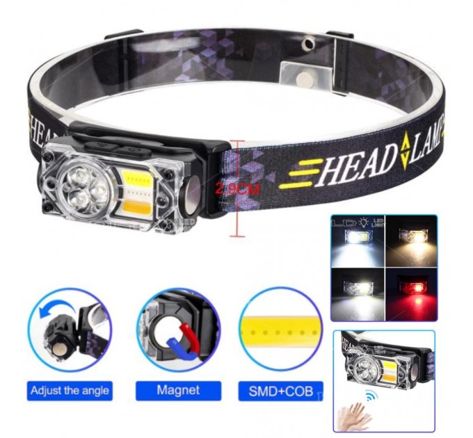 Фонарь налобный YY-19B-3SMD+2COB(white+yellow+red), Motion Sensor, Li-Ion аккум., ЗУ Type-C, магнит, Box