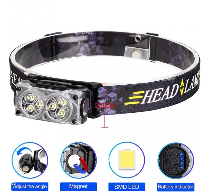Фонарь налобный YY-19D-6SMD, Li-Ion аккум., ЗУ Type-C, магнит, Box
