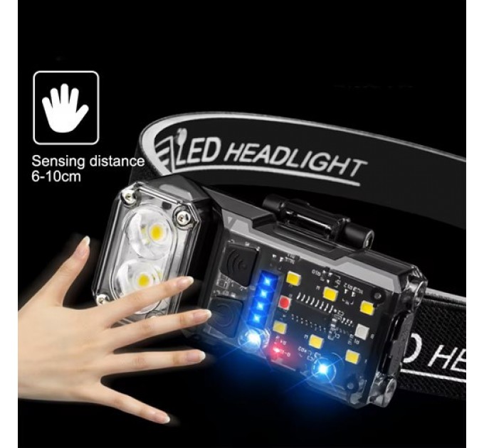 Фонарь налобный X52-2LED+6SMD(RGB), Motion Sensor, индикация аряда, Li-Ion аккум., ЗУ Type-C, клипса, магнит,