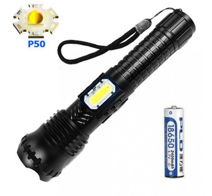 Фонарь BL-A95-P50+COB, 1x18650, zoom, ЗУ microUSB, Box
