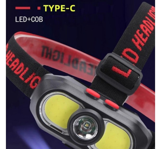Фонарь налобный KX-302-LED+2COB, 1x18650, ЗУ Type-C, Box