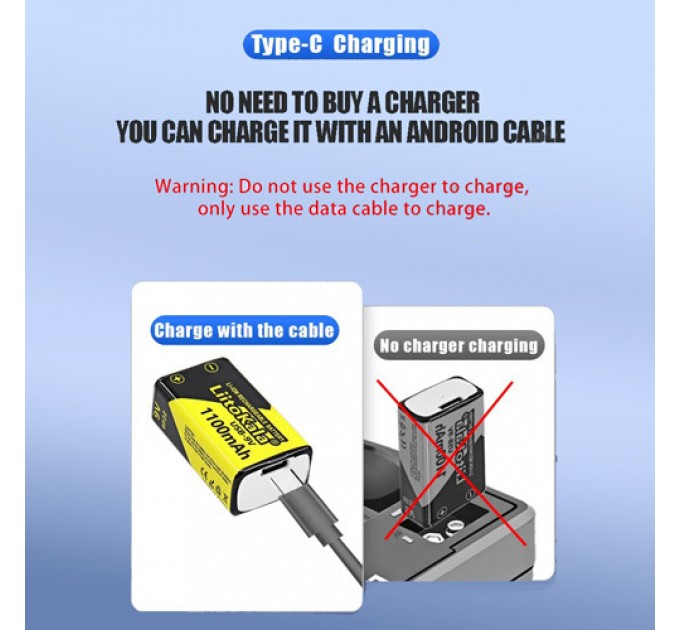 Аккумулятор Крона, LiitoKala USB-9V, 1100mAh, ОРИГИНАЛ