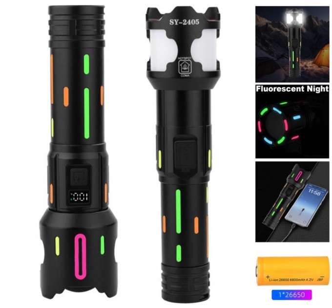 Фонарь NIGHT VISION FLUORESCENCE BL-2405-TG, 1x26650, power bank, индикация заряда, ЗУ Type-C, zoom