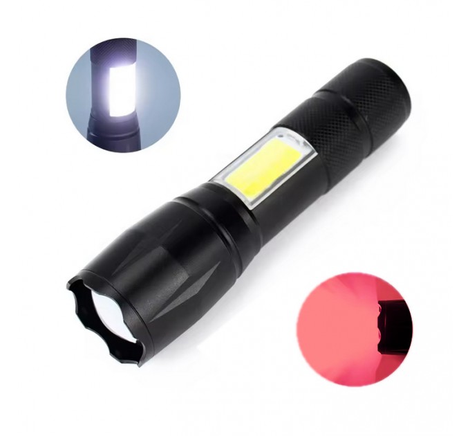 Фонарь C609-T6(red)+COB(white), Li-Ion аккум., ЗУ microUSB, zoom, Box