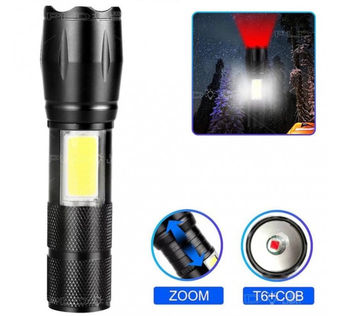 Фонарь C609-T6(red)+COB(white), Li-Ion аккум., ЗУ microUSB, zoom, Box