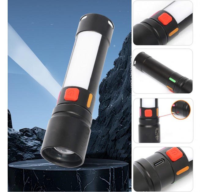 Фонарь 611-TG+COB(white+red), Li-Ion аккумулятор, ЗУ Type-C, zoom