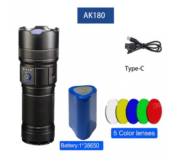 Фонарь AK180 WHITE LASER LED PM30-TG, 1х38650, power bank, ЗУ Type-C, zoom, 5 фильтров