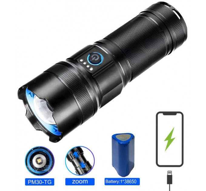 Фонарь AK180 WHITE LASER LED PM30-TG, 1х38650, power bank, ЗУ Type-C, zoom, 5 фильтров