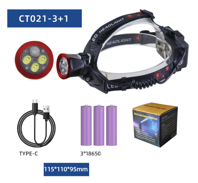 Фонарь налобный CT021 3+1 ULTRA LED, 3x18650, power bank, ЗУ Type-C