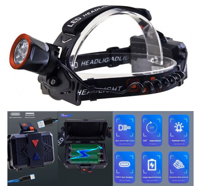 Фонарь налобный CT021 3+1 ULTRA LED, 3x18650, power bank, ЗУ Type-C