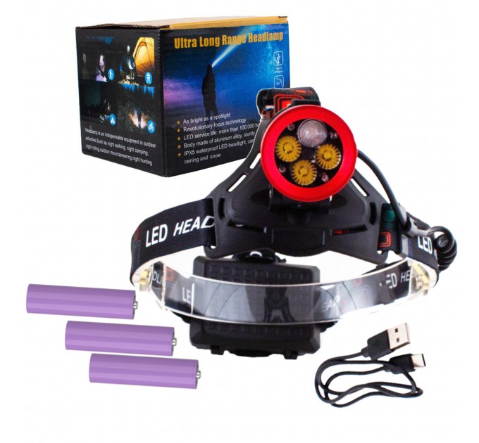 Фонарь налобный CT021 3+1 ULTRA LED, 3x18650, power bank, ЗУ Type-C