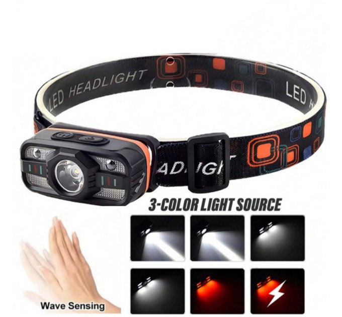 Фонарь налобный WH-0188-XPE+SMD(white+red), Motion Sensor, Li-Ion аккумулятор, ЗУ Type-C
