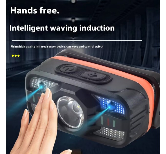 Фонарь налобный WH-0188-XPE+SMD(white+red), Motion Sensor, Li-Ion аккумулятор, ЗУ Type-C