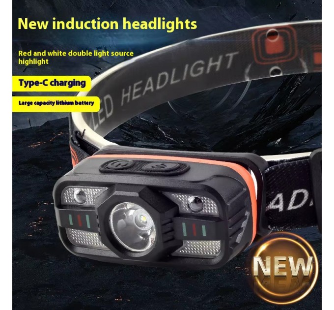 Фонарь налобный WH-0188-XPE+SMD(white+red), Motion Sensor, Li-Ion аккумулятор, ЗУ Type-C