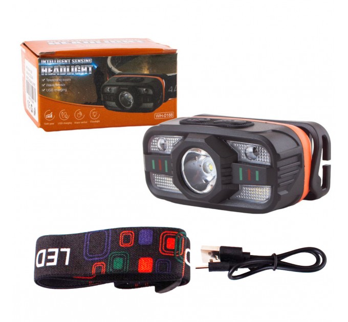 Фонарь налобный WH-0188-XPE+SMD(white+red), Motion Sensor, Li-Ion аккумулятор, ЗУ Type-C