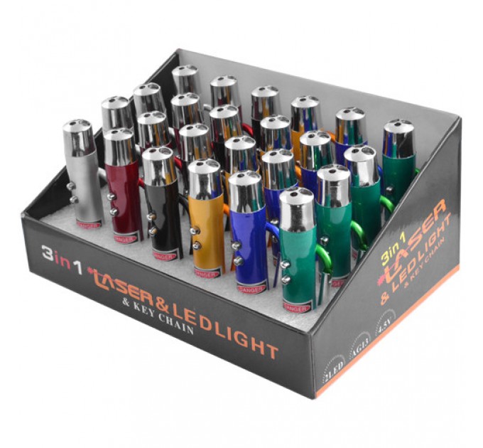 Фонарь брелок 9617-LED, лазер, ультрафиолет, 3хLR44, карабин